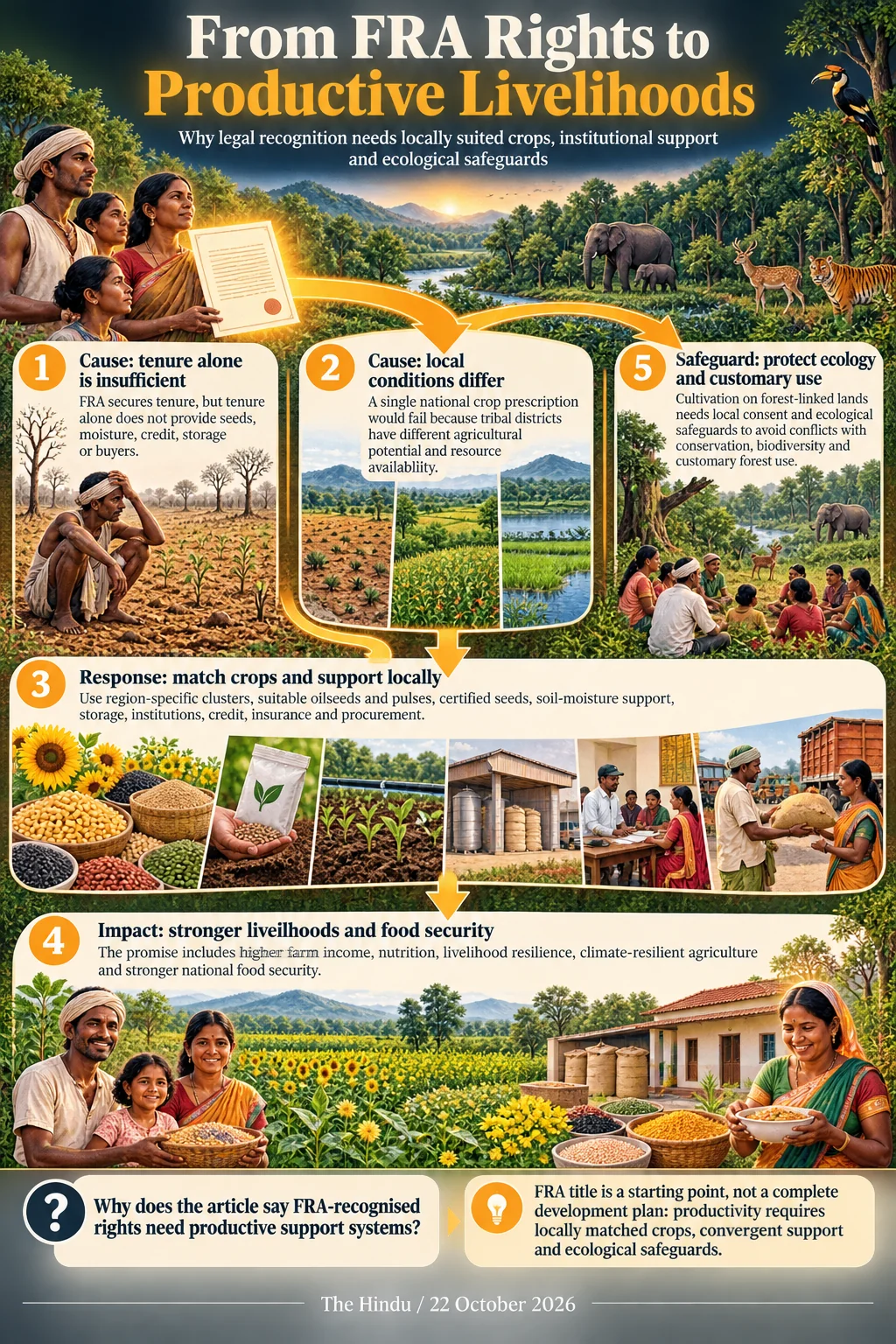 From FRA Rights to Productive Livelihoods. FRA title is a starting point, not a complete development plan: productivity requires locally matched crops, convergent support and ecological safeguards.