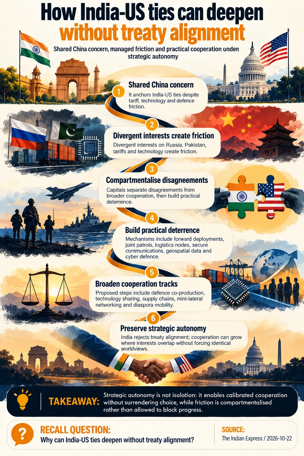 How India-US ties can deepen without treaty alignment. Strategic autonomy is not isolation: it enables calibrated cooperation without surrendering choice, while friction is compartmentalised rather than allowed to block progress.