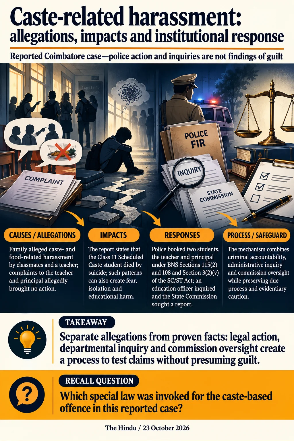 Caste-related harassment: allegations, impacts and institutional response. Separate allegations from proven facts: legal action, departmental inquiry and commission oversight create a process to test claims without presuming guilt.