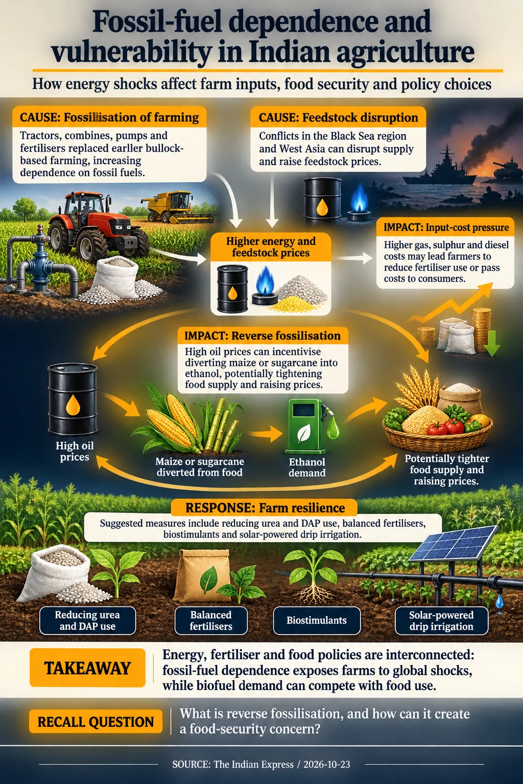 Fossil-fuel dependence and vulnerability in Indian agriculture. Energy, fertiliser and food policies are interconnected: fossil-fuel dependence exposes farms to global shocks, while biofuel demand can compete with food use.