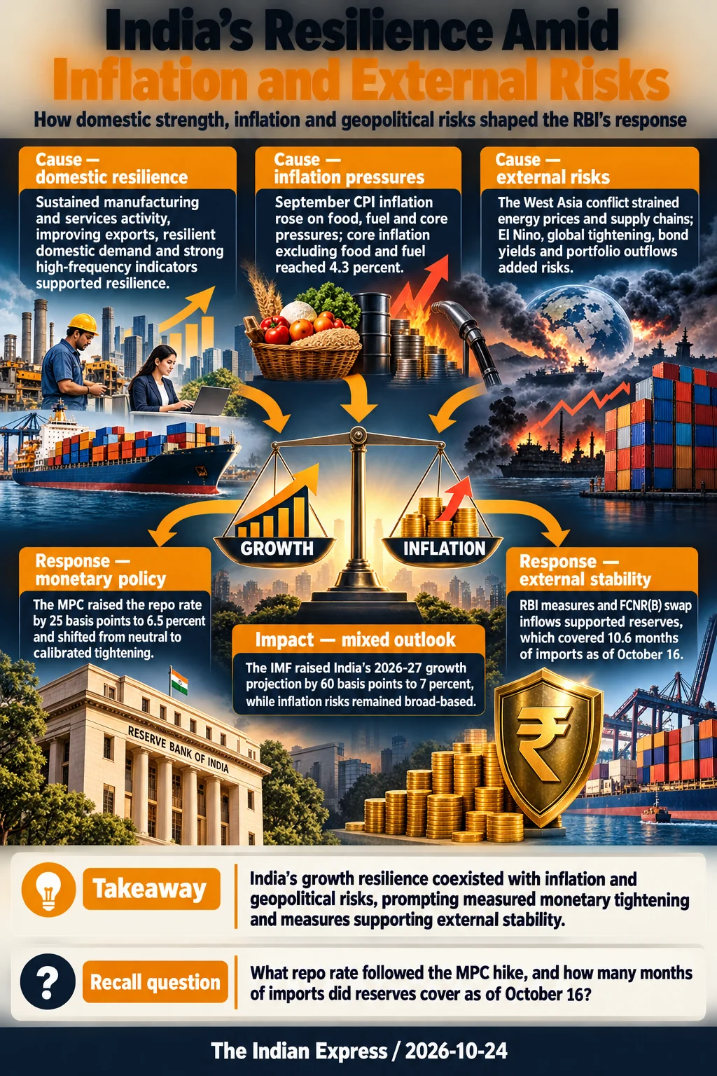 India’s Resilience Amid Inflation and External Risks. India’s growth resilience coexisted with inflation and geopolitical risks, prompting measured monetary tightening and measures supporting external stability.